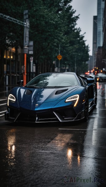A motor vehicle in the heart of a peaceful rainy outdoors