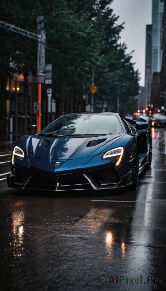 outdoors,sky,blurry,tree,no humans,ground vehicle,building,scenery,motor vehicle,reflection,rain,city,sign,car,road,vehicle focus,lamppost,street,sports car,night