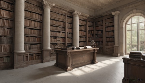 day,indoors,tree,book,no humans,window,shadow,chair,table,sunlight,scenery,stairs,bookshelf,pillar,book stack,library,ladder,desk,architecture,candlestand,column