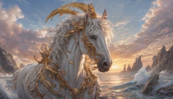 solo,outdoors,horns,sky,cloud,water,no humans,ocean,animal,cloudy sky,scenery,single horn,sunset,mountain,fantasy,riding,horse,long hair,day,blue sky,waves,sunrise,horseback riding,reins