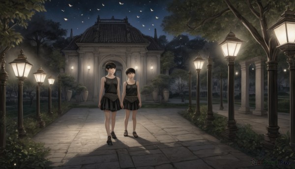 smile,short hair,bangs,multiple girls,skirt,black hair,dress,2girls,bare shoulders,standing,outdoors,sky,shoes,sleeveless,black footwear,looking at another,black eyes,black dress,tree,bare arms,night,sleeveless dress,shadow,holding hands,bird,siblings,building,star (sky),night sky,scenery,starry sky,twins,lantern,road,bush,architecture,lamppost,pavement,stone lantern,breasts,1boy,brown eyes,shorts,tank top,plant