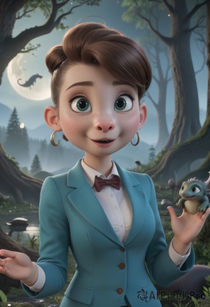 1girl,solo,breasts,looking at viewer,smile,short hair,open mouth,blue eyes,brown hair,shirt,long sleeves,bow,jewelry,green eyes,jacket,white shirt,earrings,outdoors,parted lips,pants,bowtie,tree,lips,dress shirt,night,buttons,animal,formal,moon,blazer,suit,blue jacket,nature,full moon,forest,freckles,hoop earrings,mushroom,dirty,brown bow,upper body,sky,teeth,artist name,night sky