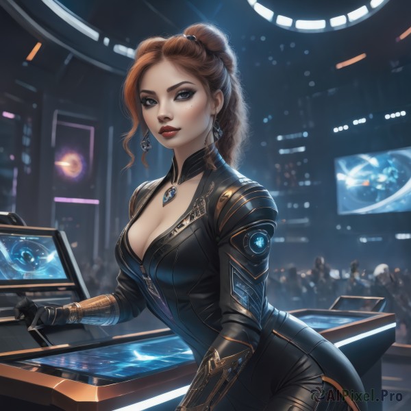 1girl,solo,long hair,breasts,looking at viewer,blue eyes,large breasts,brown hair,gloves,cleavage,jewelry,medium breasts,sitting,ponytail,earrings,solo focus,black gloves,indoors,necklace,mole,blurry,lips,mole under eye,bodysuit,makeup,blurry background,lipstick,eyeshadow,freckles,science fiction,nose,black bodysuit,red lips,eyeliner,monitor,holographic interface,hologram,closed mouth,braid,artist name,signature,hair bun,collar,grey eyes,leaning forward,light smile,zipper,realistic,jumpsuit,screen