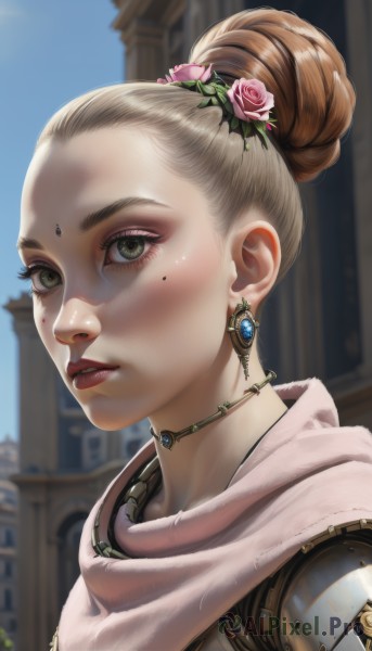 1girl,solo,looking at viewer,short hair,blonde hair,brown hair,hair ornament,brown eyes,jewelry,green eyes,flower,earrings,outdoors,parted lips,sky,choker,day,hair flower,necklace,hair bun,scarf,armor,mole,blurry,lips,eyelashes,mole under eye,makeup,blurry background,rose,facial mark,single hair bun,lipstick,gem,portrait,forehead,pink flower,eyeshadow,freckles,realistic,nose,red lips,eyeliner,pink rose,mascara,artist name,building,forehead mark,android