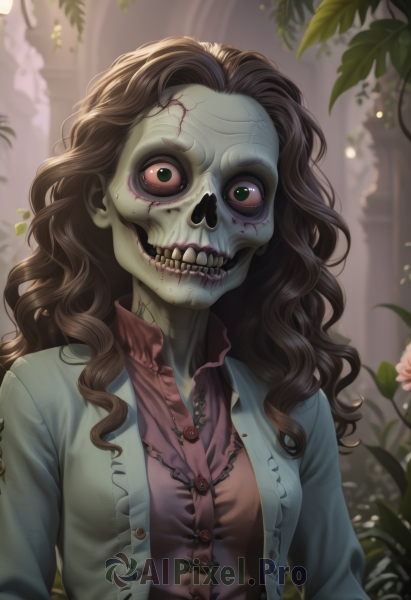 1girl,solo,long hair,breasts,looking at viewer,smile,brown hair,shirt,black hair,jewelry,green eyes,jacket,upper body,flower,open clothes,teeth,necklace,blurry,open jacket,blood,buttons,blurry background,rose,colored skin,leaf,wavy hair,plant,red shirt,curly hair,skull,stitches,zombie,horror (theme),undead,veins,skeleton,skull necklace