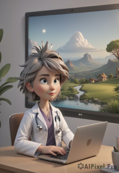 1girl,solo,smile,short hair,blue eyes,shirt,long sleeves,sitting,closed mouth,upper body,grey hair,sky,day,cloud,indoors,water,tree,lips,grey eyes,window,chair,table,thick eyebrows,grass,plant,building,desk,mountain,labcoat,purple shirt,pen,computer,monitor,river,laptop,stethoscope,doctor,child,scenery,realistic,nose