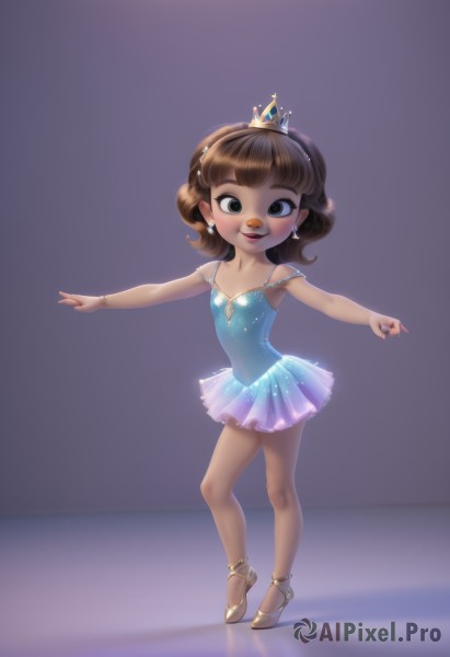 1girl,solo,looking at viewer,smile,short hair,open mouth,blue eyes,skirt,brown hair,dress,brown eyes,jewelry,standing,full body,pantyhose,earrings,high heels,flat chest,bracelet,leotard,legs,loli,outstretched arms,tiara,aged down,crown,child,strap slip,spread arms,female child,blue leotard,ballerina,ballet slippers,ballet,tutu,breasts,blush,bangs,bare shoulders,small breasts,see-through,dancing,tiptoes,ice skates