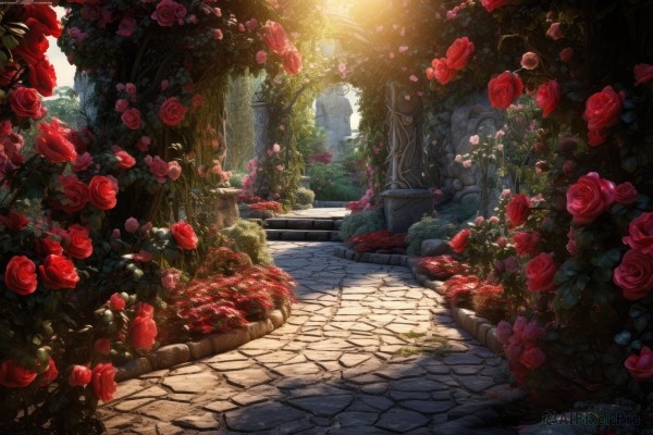 flower,outdoors,day,tree,petals,no humans,rose,sunlight,plant,red flower,nature,scenery,light rays,red rose,stairs,fantasy,road,bush,ruins,pillar,statue,path,arch,pavement,stone floor,grass,garden