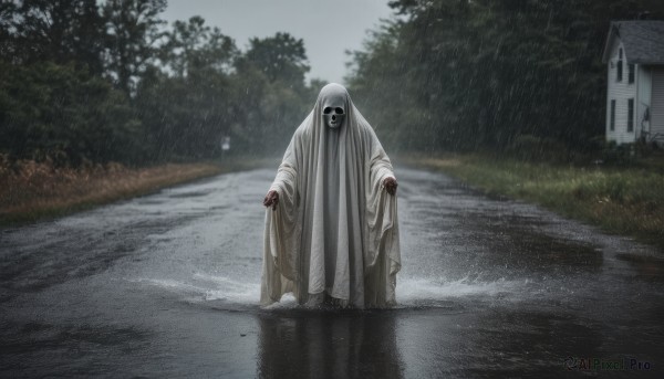 solo,looking at viewer,standing,outdoors,hood,water,tree,wet,no humans,grass,building,nature,cloak,1other,hood up,rain,robe,house,hooded cloak,puddle,horror (theme),grey sky,hooded robe,ghost costume,long sleeves,wide sleeves,torn clothes,facing viewer,monster,ghost