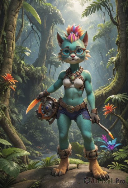 1girl,solo,breasts,looking at viewer,smile,short hair,blue eyes,gloves,navel,holding,animal ears,bare shoulders,jewelry,closed mouth,green eyes,standing,tail,full body,weapon,flower,small breasts,boots,outdoors,glasses,shorts,day,midriff,belt,artist name,cat ears,signature,water,necklace,holding weapon,tree,crop top,short shorts,leaf,watermark,sunlight,grass,crown,knife,plant,red flower,nature,web address,claws,furry,forest,red-framed eyewear,blue shorts,animal hands,light rays,furry female,holding knife,dagger,body fur,leather,animal nose,moss,hair ornament,multicolored hair,barefoot,teeth,hair flower,orange hair,bracelet,two-tone hair,:3,fangs,abs,feathers,bow (weapon),crossbow