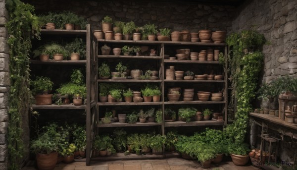 no humans,window,plant,scenery,potted plant,brick wall,shelf,flower pot,barrel,outdoors,indoors,bottle,wall,vines,jar,stone wall