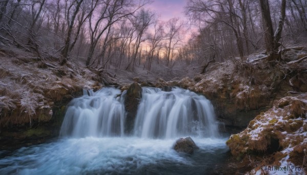 A graceful view of a waterfall in snowy outdoors