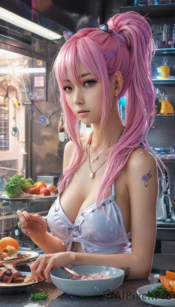 1girl,solo,long hair,breasts,looking at viewer,bangs,blue eyes,large breasts,hair ornament,cleavage,bare shoulders,jewelry,medium breasts,collarbone,upper body,ponytail,pink hair,sidelocks,parted lips,food,hairclip,indoors,necklace,nail polish,mole,lips,wet,tattoo,fruit,high ponytail,pendant,bowl,realistic,spoon,cooking,kitchen,hair between eyes,closed mouth,underwear,earrings,artist name,signature,see-through,eyelashes,expressionless,bottle,knife,plate,blue nails,mole on breast,nose,spaghetti strap,carrot,egg,counter,onion,salad