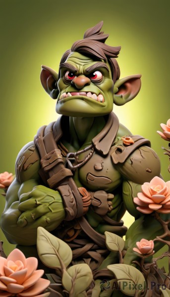 solo,brown hair,red eyes,1boy,upper body,flower,male focus,teeth,pointy ears,armor,muscular,colored skin,leaf,fangs,thick eyebrows,plant,sharp teeth,clenched teeth,shoulder armor,clenched hand,angry,pink flower,green background,pauldrons,green skin,vines,shoulder pads,monster boy,mohawk,orc,tusks,looking at viewer,short hair,cosplay,muscular male,yellow background,colored sclera,serious,goblin