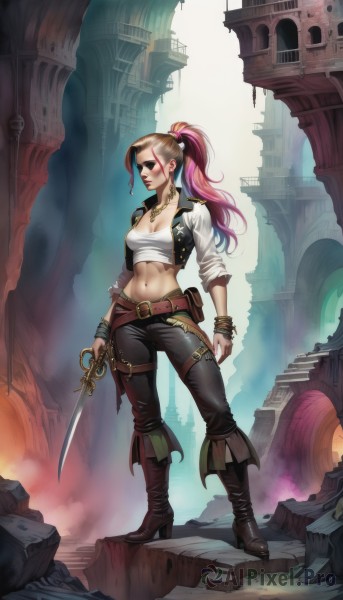 1girl,solo,long hair,breasts,looking at viewer,blue eyes,large breasts,brown hair,navel,holding,cleavage,jewelry,medium breasts,standing,full body,ponytail,weapon,pink hair,red hair,multicolored hair,earrings,boots,open clothes,midriff,belt,pants,sword,necklace,holding weapon,vest,high heels,bracelet,lips,tattoo,makeup,scar,brown footwear,holding sword,black pants,eyepatch,knee boots,knife,lipstick,scar on face,sleeves rolled up,high heel boots,pouch,holster,jacket,two-tone hair,gun,abs,cropped jacket,sarashi,ruins