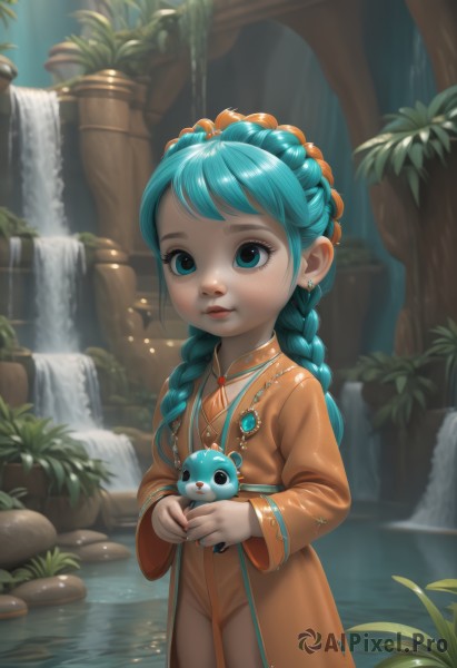 1girl,solo,long hair,looking at viewer,smile,bangs,blue eyes,hair ornament,long sleeves,holding,jewelry,blue hair,standing,braid,earrings,outdoors,parted lips,water,necklace,twin braids,aqua eyes,lips,eyelashes,aqua hair,watermark,aged down,plant,gem,child,nature,hair over shoulder,web address,wading,freckles,female child,holding animal,waterfall,pond,artist name,leaf