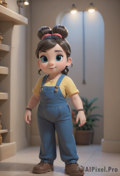 1girl,solo,looking at viewer,smile,short hair,blue eyes,brown hair,shirt,black hair,jewelry,closed mouth,standing,full body,short sleeves,shoes,indoors,hair bun,blurry,bracelet,blurry background,brown footwear,wristband,child,yellow shirt,female child,overalls,lips,single hair bun,plant,potted plant,blue overalls