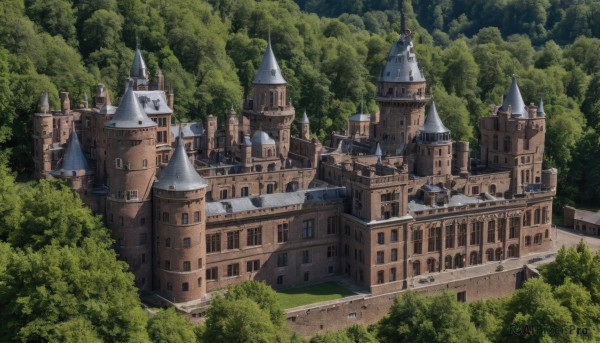 outdoors,day,tree,no humans,building,nature,scenery,forest,fantasy,architecture,castle,tower,bush