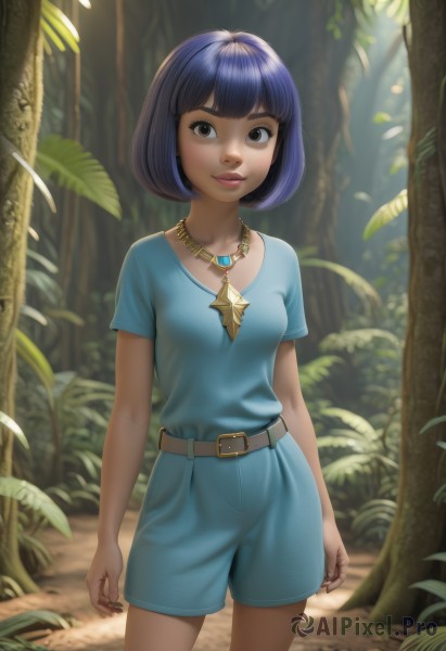 1girl,solo,breasts,looking at viewer,smile,short hair,bangs,shirt,black hair,dress,brown eyes,jewelry,blue hair,standing,purple hair,short sleeves,cowboy shot,small breasts,outdoors,shorts,day,belt,artist name,dark skin,blunt bangs,necklace,nail polish,blurry,dark-skinned female,tree,lips,fingernails,short shorts,leaf,sunlight,bob cut,blue shirt,nature,buckle,pendant,forest,blue shorts,belt buckle,realistic,nose,arms at sides,brown belt,parted lips,watermark,plant,web address,deviantart username