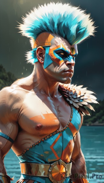 solo,1boy,jewelry,nipples,blue hair,yellow eyes,upper body,male focus,earrings,outdoors,belt,water,bracelet,tattoo,mask,muscular,abs,feathers,pectorals,muscular male,rain,topless male,facepaint,artist name,orange eyes,aqua hair,facial mark,spiked hair,armband,colored sclera,greek clothes