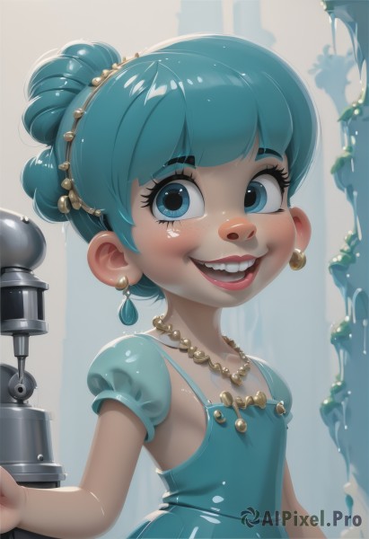 1girl,solo,breasts,looking at viewer,blush,smile,short hair,open mouth,bangs,blue eyes,hair ornament,dress,jewelry,blue hair,upper body,short sleeves,earrings,small breasts,teeth,puffy sleeves,shiny,water,necklace,hair bun,grin,shiny hair,flat chest,aqua eyes,puffy short sleeves,lips,eyelashes,aqua hair,makeup,blue dress,single hair bun,thick eyebrows,child,freckles,red lips,female child,waterfall,aqua dress,see-through,pearl necklace