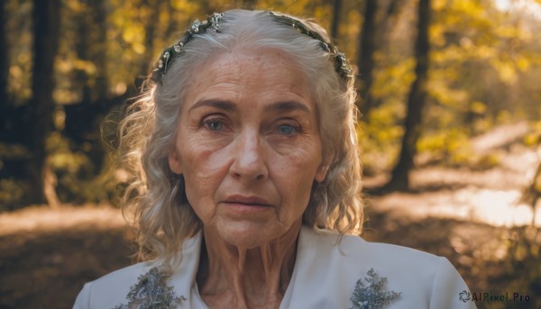 1girl,solo,looking at viewer,blue eyes,blonde hair,1boy,closed mouth,upper body,white hair,grey hair,male focus,outdoors,medium hair,blurry,tree,lips,depth of field,blurry background,portrait,freckles,realistic,head wreath,old,straight-on,old man,old woman,shirt,white shirt,facial hair,wrinkled skin