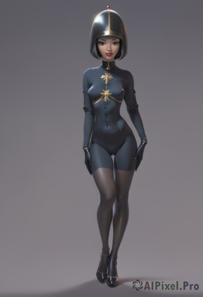 1girl,solo,breasts,looking at viewer,short hair,simple background,brown hair,black hair,thighhighs,gloves,brown eyes,medium breasts,closed mouth,standing,full body,small breasts,shoes,black gloves,grey background,black footwear,black eyes,high heels,covered nipples,bodysuit,covered navel,cameltoe,helmet,lipstick,skin tight,arms at sides,black bodysuit,red lips,latex,latex bodysuit,lips,thigh gap,bob cut,realistic