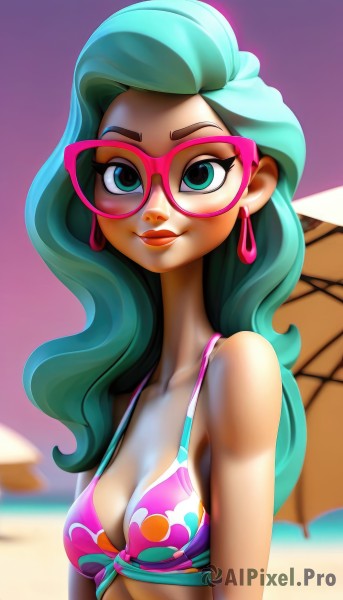 1girl,solo,long hair,breasts,looking at viewer,smile,cleavage,bare shoulders,jewelry,medium breasts,closed mouth,green eyes,collarbone,swimsuit,upper body,bikini,earrings,small breasts,outdoors,green hair,glasses,day,blurry,aqua eyes,lips,eyelashes,aqua hair,makeup,blurry background,umbrella,wavy hair,beach,lipstick,multicolored clothes,hoop earrings,pink bikini,beach umbrella,pink-framed eyewear,multicolored bikini,pink-tinted eyewear,blue eyes,multicolored hair,sunglasses,light smile,bikini top only,red-framed eyewear,pink lips,nose,tinted eyewear,lounge chair,beach chair