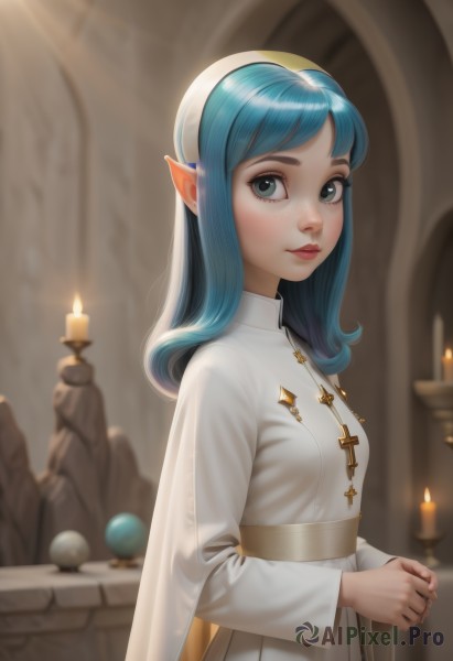 1girl,solo,long hair,breasts,looking at viewer,smile,bangs,blue eyes,long sleeves,dress,closed mouth,blue hair,standing,upper body,small breasts,pointy ears,artist name,indoors,wide sleeves,white dress,blurry,from side,lips,grey eyes,depth of field,blurry background,own hands together,cross,elf,veil,freckles,nun,candle,habit,church,shiny,shiny hair,eyelashes,watermark,sunlight,thick eyebrows,robe,light rays,realistic,nose,candlestand,candlelight