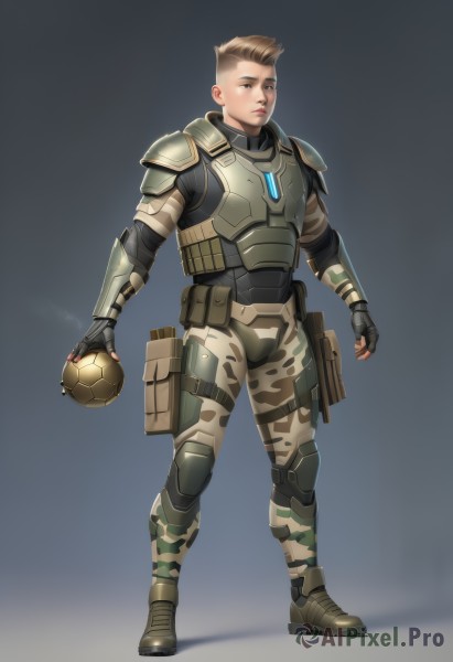 solo,short hair,blonde hair,brown hair,gloves,1boy,holding,brown eyes,standing,full body,male focus,boots,black gloves,fingerless gloves,armor,lips,military,ball,pouch,knee pads,camouflage,elbow pads,soccer ball,bulletproof vest,camouflage pants,body armor,simple background,vest,gun,thigh strap,smoke,science fiction,realistic