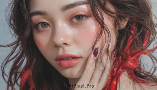 1girl,solo,long hair,looking at viewer,simple background,brown hair,black hair,brown eyes,multicolored hair,parted lips,teeth,nail polish,lips,fingernails,eyelashes,portrait,close-up,hand on own face,freckles,realistic,nose,red hair,grey background,messy hair,purple nails