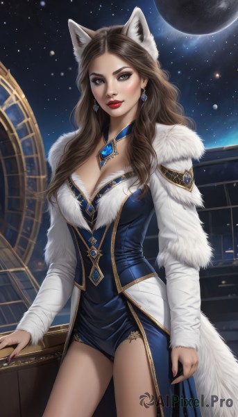 1girl,solo,long hair,breasts,looking at viewer,smile,large breasts,brown hair,long sleeves,dress,animal ears,cleavage,brown eyes,jewelry,standing,tail,cowboy shot,earrings,sky,shorts,choker,cat ears,nail polish,lips,fingernails,animal ear fluff,fur trim,makeup,night,moon,wolf ears,lipstick,gem,star (sky),starry sky,red lips,planet,bangs,medium breasts,closed mouth,thighs,artist name,necklace,mole,coat,short shorts,blue dress,brooch,night sky,red nails,forehead,pendant,realistic,wolf girl