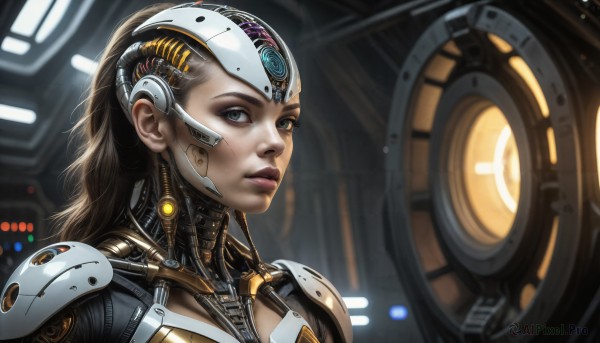 HQ,1girl,solo,long hair,looking at viewer,brown hair,brown eyes,upper body,ponytail,armor,lips,grey eyes,headgear,portrait,science fiction,realistic,nose,android,cyborg,hair pulled back,power armor,cyberpunk,black hair,bodysuit,makeup,eyeshadow,cable