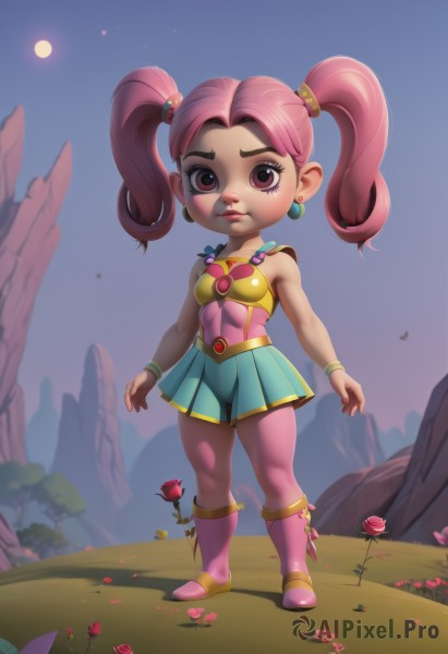 1girl,solo,long hair,looking at viewer,skirt,hair ornament,bare shoulders,twintails,jewelry,standing,full body,pink hair,flower,pantyhose,pleated skirt,earrings,boots,outdoors,sky,pink eyes,flat chest,bracelet,lips,petals,makeup,night,moon,aged down,red flower,child,pink flower,pink footwear,female child,pink skin,armor,blue skirt,rose