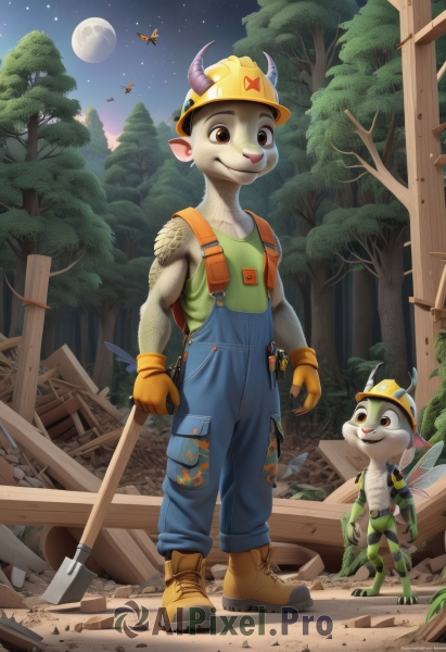 smile,gloves,1boy,hat,animal ears,brown eyes,weapon,male focus,boots,outdoors,multiple boys,wings,horns,sky,artist name,signature,2boys,tree,tattoo,night,moon,backpack,helmet,bug,star (sky),nature,night sky,furry,full moon,forest,starry sky,overalls,furry male,axe,shovel,insect wings,shirt,holding,standing,full body,shoes,watermark,brown footwear,rock,fairy wings,fake horns,yellow gloves,horned helmet,blue overalls,beetle