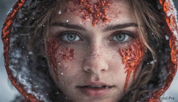 1girl, solo, looking at viewer, blue eyes, blonde hair, parted lips, hood, blurry, lips, grey eyes, eyelashes, blood, portrait, snow, close-up, hood up, blood on face, realistic