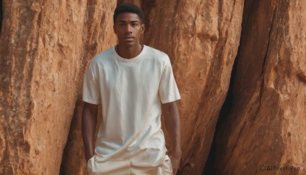 solo,looking at viewer,short hair,shirt,black hair,1boy,hat,standing,white shirt,short sleeves,male focus,cowboy shot,pants,dark skin,black eyes,dark-skinned male,t-shirt,realistic,white pants,hands in pockets,arms at sides,beanie,brown eyes,parted lips,hand in pocket,very short hair