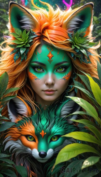 1girl,solo,long hair,looking at viewer,smile,blonde hair,hair ornament,animal ears,closed mouth,green eyes,artist name,orange hair,lips,animal ear fluff,fox ears,makeup,animal,leaf,watermark,facial mark,plant,portrait,eyeshadow,freckles,nose,wolf,flower,hair flower,eyelashes,colored skin,lipstick,web address,light particles,realistic,green skin,fox,yellow sclera,tiger