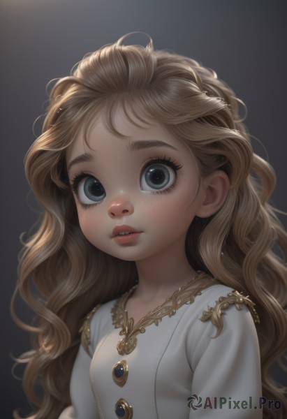 1girl,solo,long hair,looking at viewer,blue eyes,blonde hair,simple background,brown hair,shirt,dress,white shirt,upper body,parted lips,teeth,white dress,lips,grey eyes,eyelashes,wavy hair,black background,child,freckles,curly hair,realistic,nose,female child,dark background,breasts,blush,bangs,jewelry,earrings,small breasts,artist name,buttons