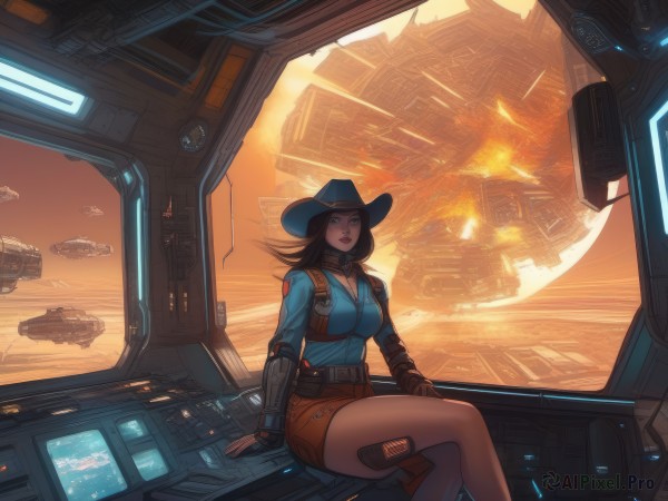 1girl,solo,long hair,breasts,looking at viewer,open mouth,blue eyes,skirt,large breasts,brown hair,shirt,black hair,gloves,hat,cleavage,brown eyes,medium breasts,sitting,weapon,thighs,sky,shorts,teeth,belt,indoors,miniskirt,fingerless gloves,medium hair,lips,gun,window,crossed legs,blue shirt,building,brown gloves,pencil skirt,science fiction,aircraft,holster,mechanical arms,explosion,cowboy hat,spacecraft,cockpit,holographic interface,jacket,choker,makeup,lipstick,scenery,backlighting,sunset,red lips,planet,mole above mouth