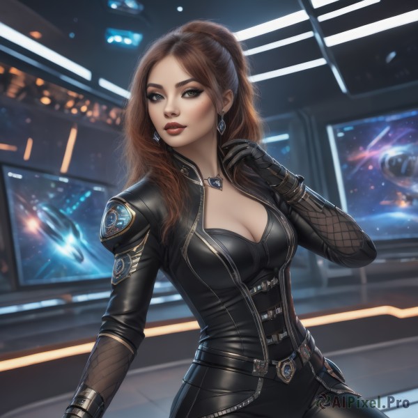 1girl,solo,long hair,breasts,looking at viewer,smile,large breasts,brown hair,gloves,cleavage,brown eyes,jewelry,medium breasts,sitting,jacket,ponytail,earrings,parted lips,black gloves,belt,pants,necklace,mole,blurry,lips,bodysuit,makeup,black pants,lipstick,fishnets,freckles,realistic,black bodysuit,red lips,bangs,standing,open clothes,artist name,indoors,open jacket,black jacket,parted bangs,mole under eye,blurry background,eyeshadow,zipper,leather