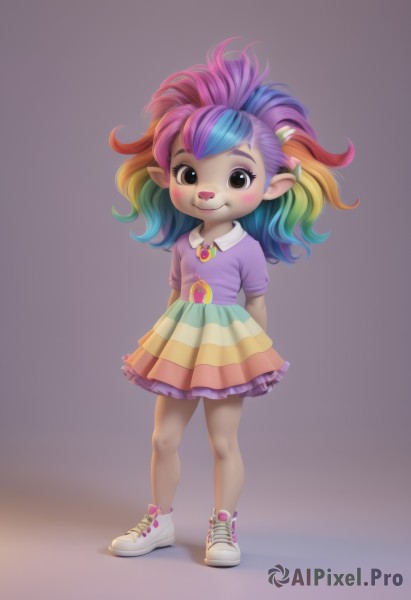 1girl,solo,long hair,looking at viewer,blush,smile,skirt,blonde hair,simple background,shirt,brown eyes,jewelry,closed mouth,blue hair,standing,full body,pink hair,purple hair,short sleeves,multicolored hair,pleated skirt,frills,green hair,shoes,pointy ears,collared shirt,artist name,necklace,flat chest,two-tone hair,gradient,makeup,arms behind back,white footwear,frilled skirt,sneakers,child,multicolored clothes,eyeshadow,personification,purple background,female child,no socks,multicolored skirt,rainbow gradient,multicolored shirt,rainbow hair,short hair,bangs,teeth,striped,miniskirt,sweater,gradient background,:3,watermark,happy,web address,furry,cross-laced footwear,pink skirt,freckles,pink shirt,furry female,purple shirt,yellow skirt