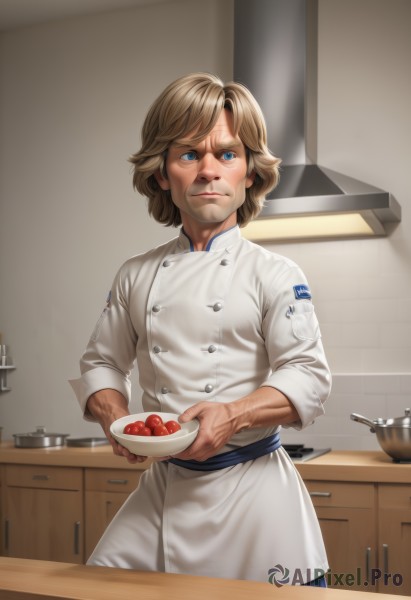 solo,looking at viewer,smile,short hair,blue eyes,blonde hair,brown hair,1boy,holding,closed mouth,standing,male focus,cowboy shot,food,indoors,apron,window,buttons,fruit,facial hair,knife,waist apron,veins,bowl,realistic,nose,kitchen,chef,cutting board,pants,lips,scar,scar on face,sleeves rolled up,manly,cooking,sink,faucet