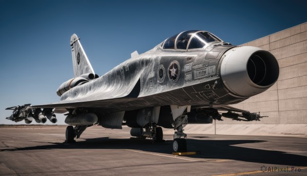 weapon,sky,day,signature,military,no humans,shadow,flying,science fiction,realistic,aircraft,military vehicle,airplane,vehicle focus,desert,jet,missile,fighter jet,pilot,explosive,bomb