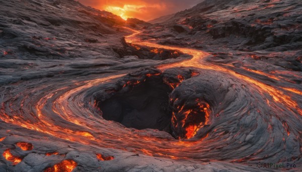 outdoors, sky, cloud, no humans, fire, scenery, sunset, rock, mountain, molten rock