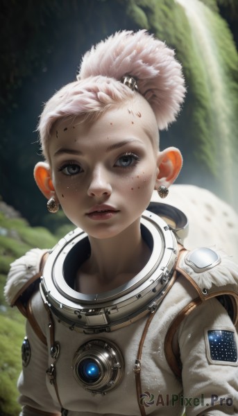 1girl,solo,looking at viewer,short hair,blue eyes,jewelry,upper body,white hair,earrings,parted lips,hair bun,blurry,dark-skinned female,lips,grey eyes,eyelashes,depth of field,blurry background,single hair bun,freckles,realistic,nose,spacesuit,space helmet,astronaut,ponytail,artist name,makeup,genderswap,genderswap (mtf),science fiction,dirty,american flag,dirty face,patch