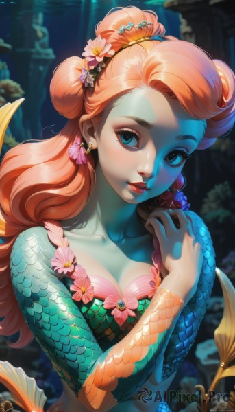 1girl,solo,long hair,breasts,looking at viewer,blue eyes,hair ornament,cleavage,jewelry,medium breasts,collarbone,swimsuit,upper body,flower,bikini,red hair,hairband,earrings,artist name,signature,hair flower,hair bun,orange hair,blurry,lips,eyelashes,makeup,monster girl,pink flower,eyeshadow,underwater,red lips,scales,mermaid,shell,navel,small breasts,heterochromia,watermark,sunlight,lipstick,coral