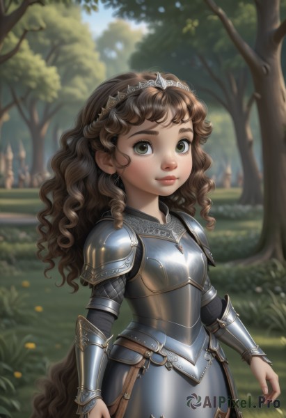 1girl,solo,long hair,looking at viewer,smile,brown hair,dress,brown eyes,jewelry,very long hair,closed mouth,green eyes,standing,cowboy shot,earrings,outdoors,day,armor,blurry,tree,lips,depth of field,blurry background,wavy hair,grass,tiara,shoulder armor,nature,forest,freckles,curly hair,pauldrons,breastplate,fantasy,armored dress,faulds,plate armor,blush,child,nose,knight