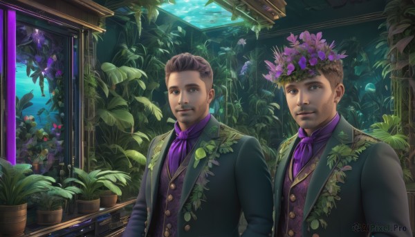 looking at viewer,smile,short hair,brown hair,brown eyes,closed mouth,jacket,upper body,flower,male focus,multiple boys,indoors,2boys,vest,ascot,window,buttons,facial hair,leaf,formal,plant,beard,fish,mustache,purple flower,potted plant,head wreath,vines,aquarium,purple ascot,black hair,suit,realistic