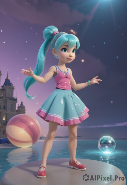 1girl,solo,long hair,smile,blue eyes,skirt,shirt,jewelry,blue hair,standing,full body,ponytail,earrings,small breasts,outdoors,sky,shoes,sleeveless,cloud,water,necklace,bracelet,aqua eyes,lips,blue skirt,aqua hair,night,moon,tank top,aged down,child,star (sky),night sky,ball,starry sky,reflection,pink shirt,sun,female child,breasts,very long hair,pleated skirt,artist name,alternate hairstyle,watermark,sneakers,web address,bubble,castle